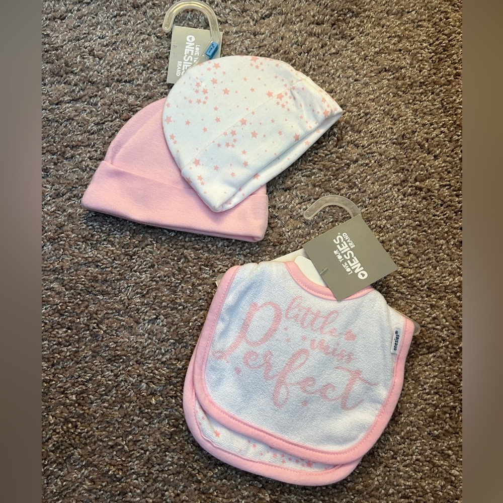 Pink and White Baby Bib and Hat Set